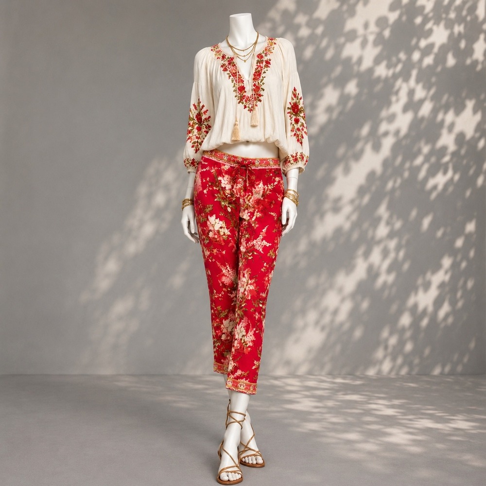 Sundance Leia Pants M Red Pink Floral Cropped Cotton Boho Resort Capri